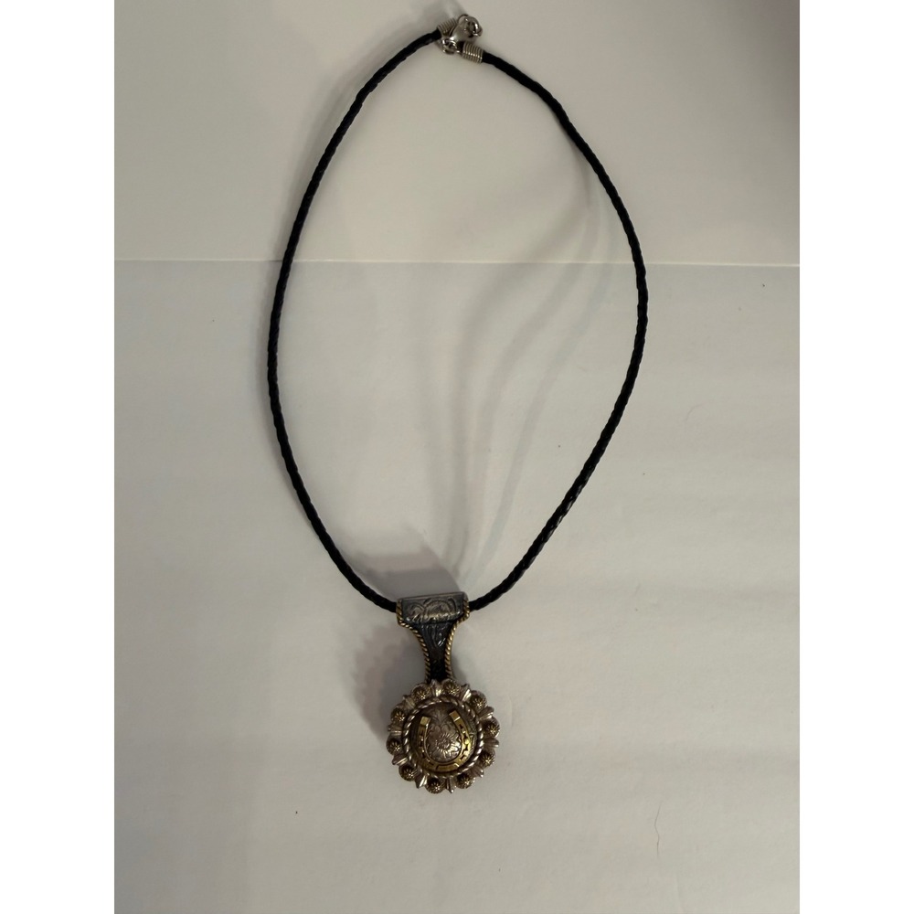 Trigg Leather Western Horseshoe Concho Pendant Braided Cord Necklace Silver Gold